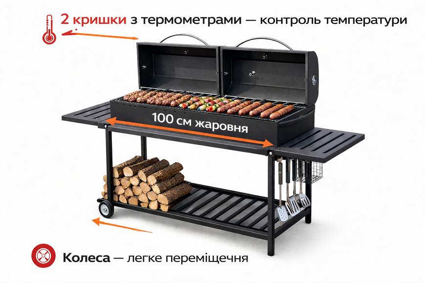 Мангал гриль Люкс 100 см з 2 кришками GC-03 фото